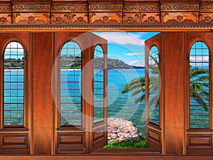 Fantasy views of a tropical blue sea with mountains through a brown wooden panel with windows and patio door.