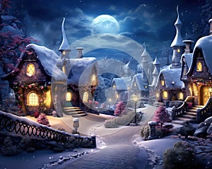 fantasy village in winter is a fantasy village in night sky.