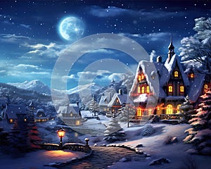 fantasy village in winter is a fantasy village in night sky.