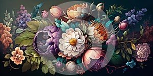 Fantasy Vintage Flower Bunch Painting for Floral Digital Print Wallpaper AI Generated
