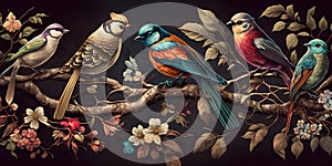 Fantasy Vintage Little Spring Birds Painting for Animal Digital Print Wallpaper AI Generated