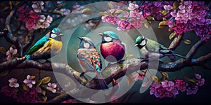 Fantasy Vintage Little Spring Birds Painting for Animal Digital Print Wallpaper AI Generated
