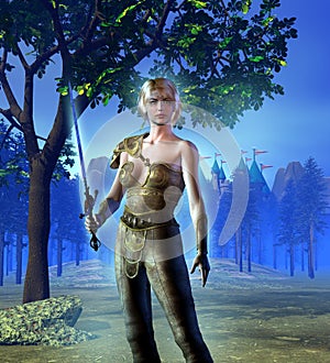 Fantasy Warrior armed with sword, in the forest, near a Castle, 3d illustration