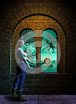 Fantasy Warrior in the Castle, Window with fantastico landscape, dragon, mountains and Trees, 3d illustration photo