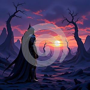 Fantasy Warrior Watching a Dramatic Sunset Over a Desolate Landscape