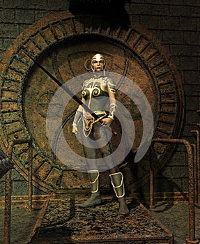 Fantasy Warrior woman armed with sword, 3d illustration, metallic gate