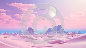 Fantasy Watercolor Desert With A Pink Sky. Light Violet And White. Mystic Landscape