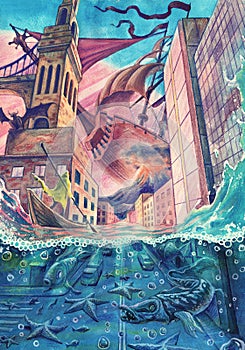 Fantasy watercolor urban landscape painting with natural disaster, flood illustration art, calamity with water in town, building