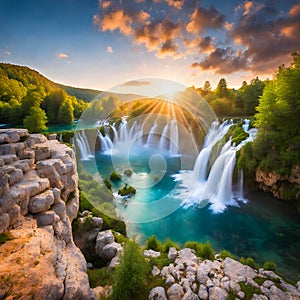 Fantasy waterfall In the heart of an enchanted forest.