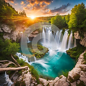 Fantasy waterfall In the heart of an enchanted forest.