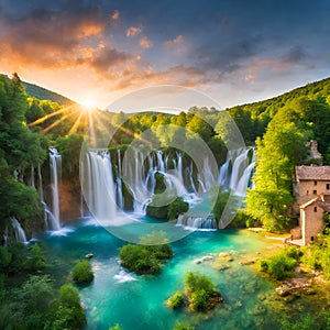 Fantasy waterfall In the heart of an enchanted forest.