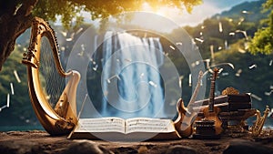 Fantasy waterfall of music, with a landscape of musical instruments and notes, with a Dry Nur waterfall harp and music book