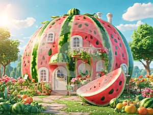 Fantasy Watermelon House. An Organic Vegetable Garden Illustration. Generative AI