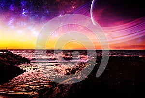 Fantasy Wavy Ocean With Planets And Channel Water