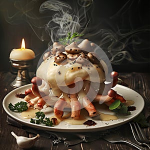 Fantasy weird dish with mushrooms with tentacles