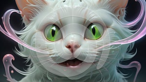 Fantasy white cat with green eyes and long whiskers. 3D rendering