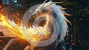 Fantasy white fire dragon. Neural network AI generated