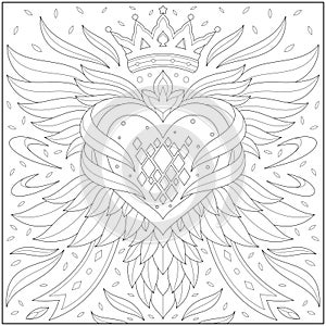 Fantasy winged heart and king crown, Adult and kid coloring page