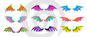 Fantasy wings set. Dragon, devil, bat wing icons.