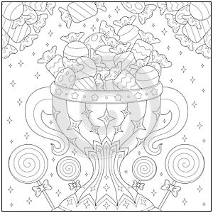 Fantasy winner trophy full with candy and stick candy. Learning and education coloring page