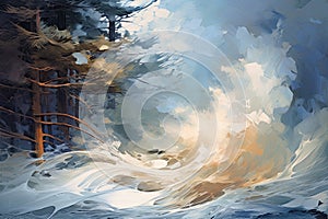 Fantasy winter forest landscape with pine trees and snow. Digital painting, digital abstract impressionism painting of tidal wave