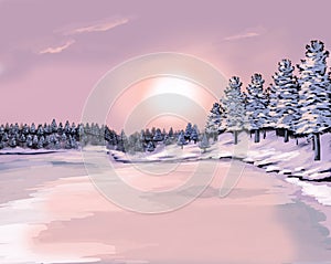 Fantasy winter illustration freezing lake