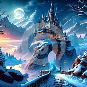 Fantasy winter landscape with castle, fairytale scenery. 3d illustration AI Generated