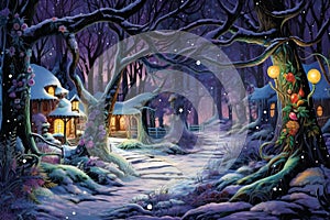 Fantasy winter landscape with a cottage in the forest,  Digital painting