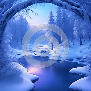 Fantasy winter landscape with a frozen river and snow-covered trees Generative AI