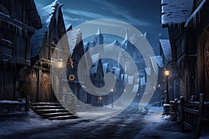 Fantasy winter landscape with old town and moon. 3D rendering, AI Generated