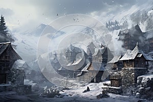 Fantasy winter landscape with old wooden houses in the mountains. Digital painting, AI Generated