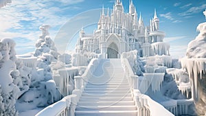 Fantasy winter landscape with stairs leading to fantasy castle. 3D rendering, A beautiful architectural castle with large steps on