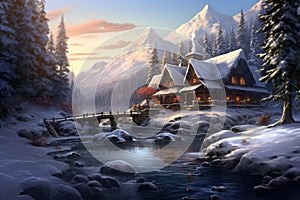 Fantasy winter landscape with wooden houses in the mountains. Digital painting. A cozy log cabin in a winter forest, AI Generated