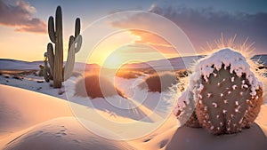 fantasy winter snow sunset in the desert with beautiful cactus over blurred sand dune and mountain.