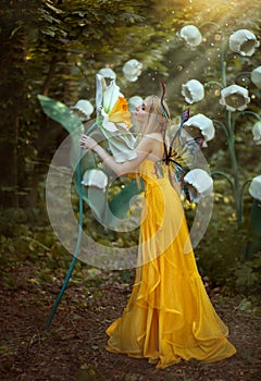 Fantasy woman blonde forest fairy. Fashion model in a long yellow dress with butterfly wings holds in hand and smell