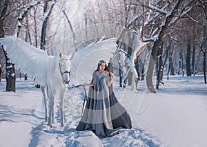 Fantasy woman elf goddess walk with mythical white horse Pegasus with white wings in winter forest. Long medieval in