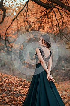 Fantasy woman lady in a black lace dress. bare open sexy back against background of an autumn forest. Elegant vintage