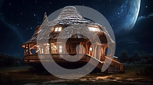 Fantasy wooden cottage in night magical Deep space. Large wooden house. AI Generative