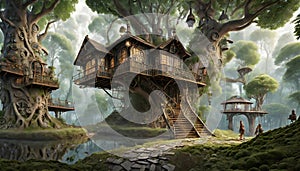 fantasy wooden house on a tree in the forest