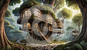 fantasy wooden house on a tree in the forest