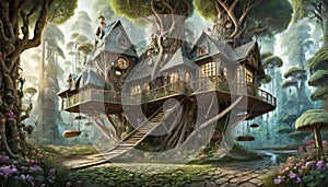fantasy wooden house on a tree in the forest