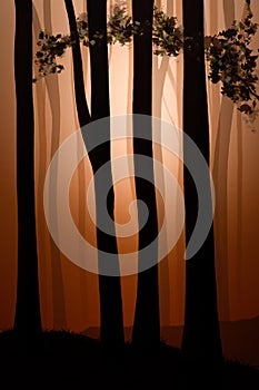 Fantasy Woodland illustration, with orange sunlight glow through silhouetted trees