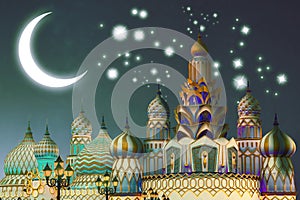 Fantasy world of arabian nights in the Global village in Dubai, United Arab Emirates at a starry night with a glowing crescent on