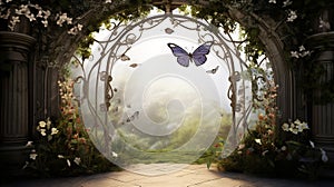 Fantasy world. Enchanted forest with magic lights, beautiful butterflies. AI Generative