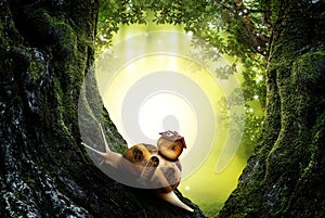 Fantasy world. Magic snail with its shell house moving on tree in beautiful fairy forest