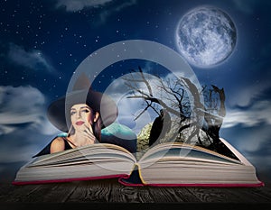 Fantasy world. Open book of fairytales with witch and black crow on pages