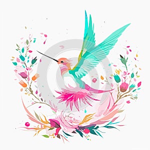 Fantasy world. Vector illustration of paradise hummingbird bird isolated on a white background. Abstract watercolor drawing