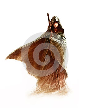 Fantasy young witch - beautiful woman with cloak and hood holding a magic staff