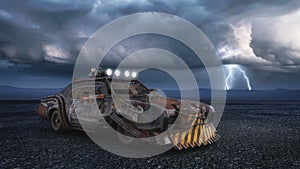 Fantasy zombie apocalypse concept armoured car in a barren desert landscape with storm clouds and lightning in the sky. 3D