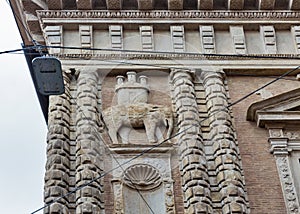 Fantuzzi palace ancient wall relief in Bologna, Italy